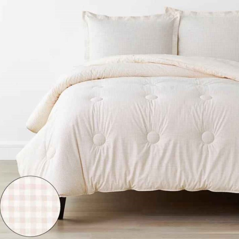 The Company Store Ditsy Gingham Pink Organic Cotton Percale Comforter- T…